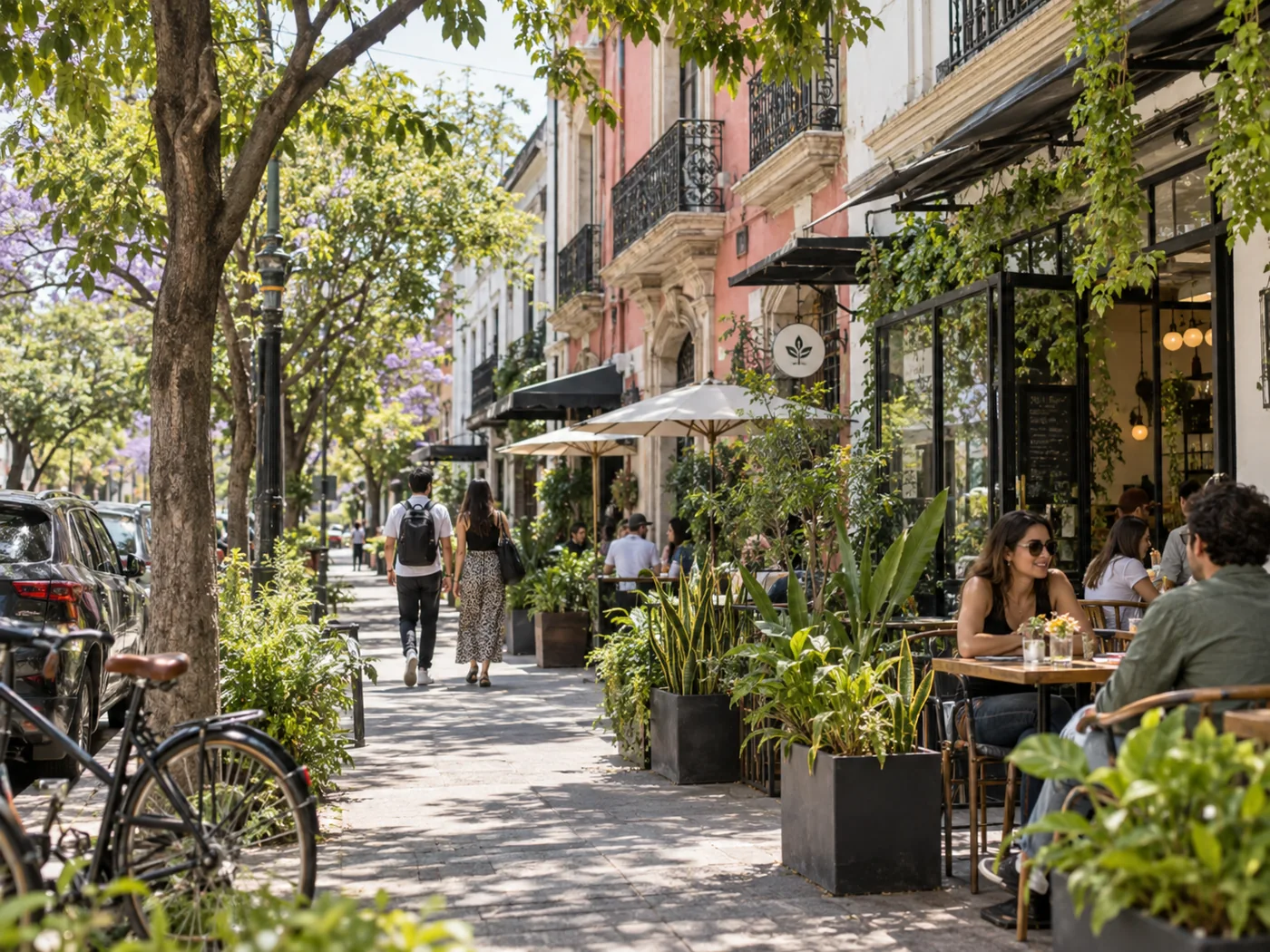 AI illustration of a leafy café street inspired by Colonia Americana
