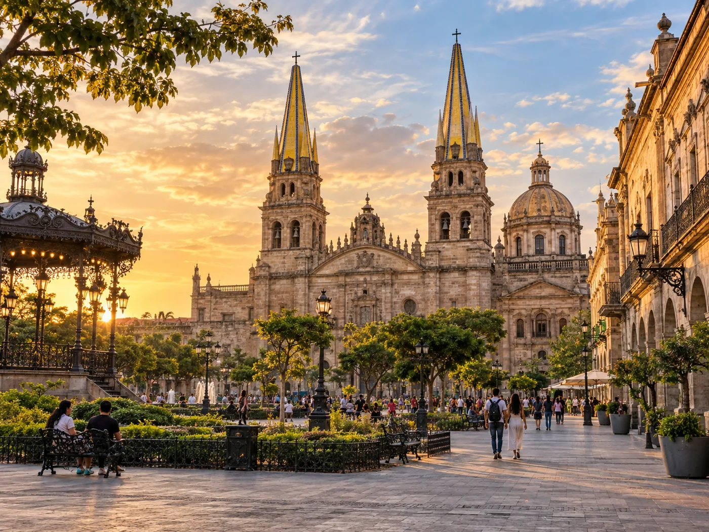AI illustration of a Guadalajara plaza with the cathedral nearby