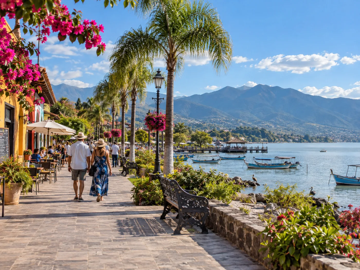 AI illustration inspired by a lakeside promenade near Lake Chapala and Ajijic