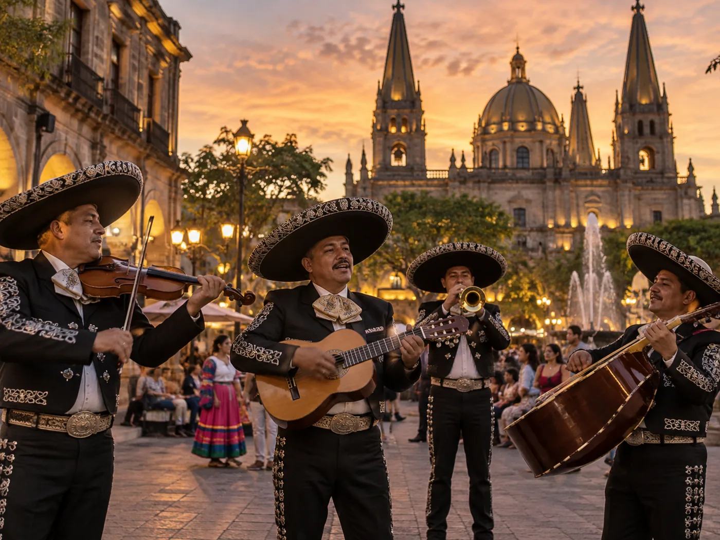 AI illustration of mariachi musicians performing in a Guadalajara plaza