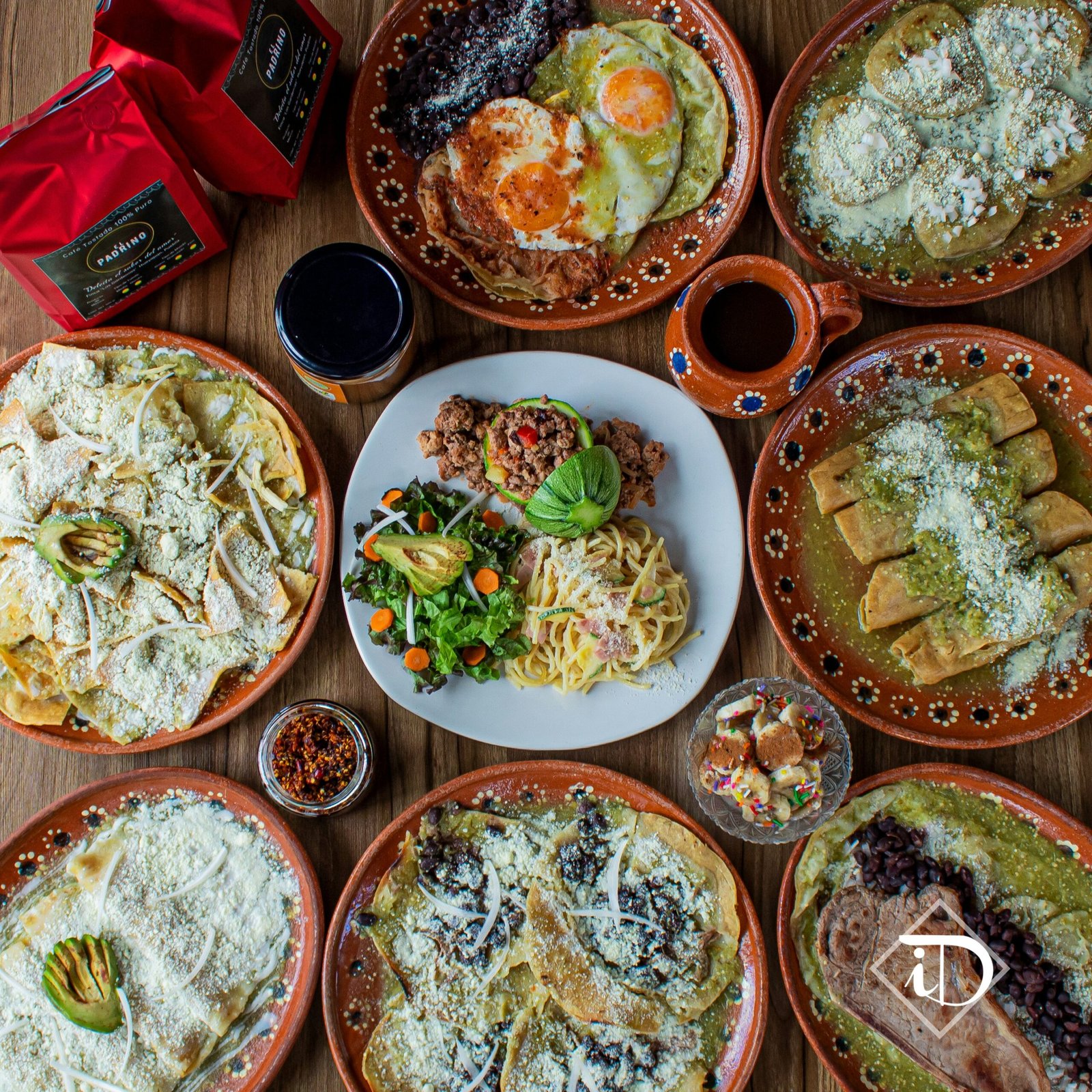 Overhead view of a table with several Mexican dishes
