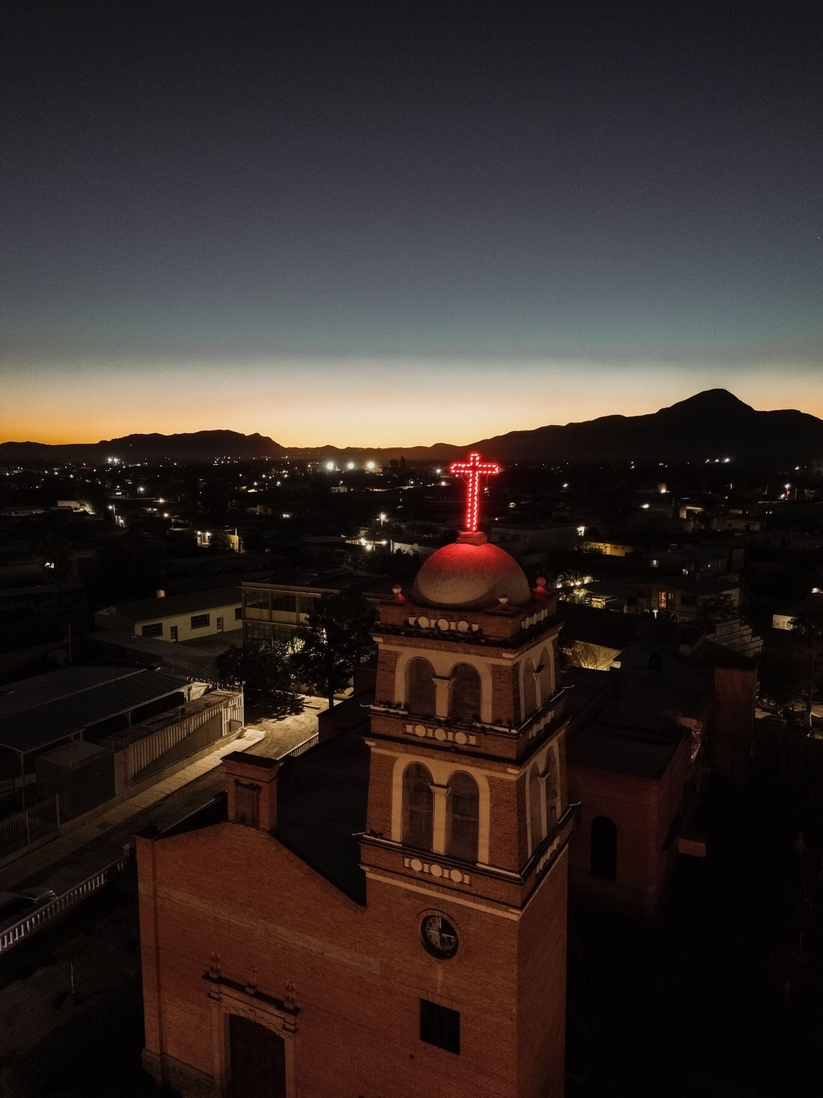 Church tower in Chihuahua at sunset