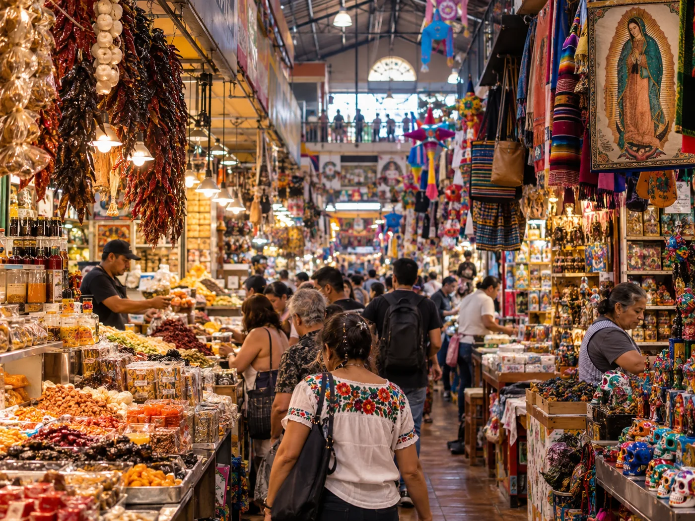 AI illustration of a Mexican market inspired by Mercado San Juan de Dios