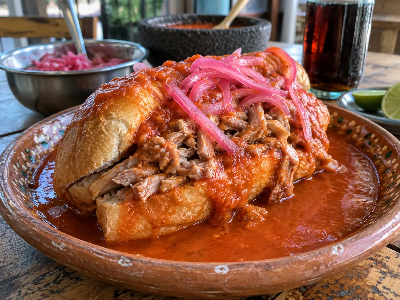 AI illustration of a Jalisco-style torta ahogada in red sauce